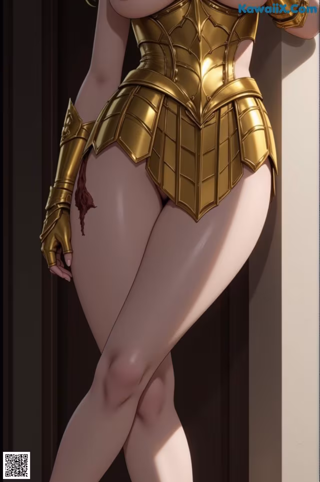 A woman in a gold armor is leaning against a wall.