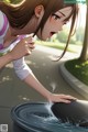 A woman is pouring water into a black bowl.