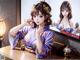 A woman in a kimono sitting at a table in front of a mirror.