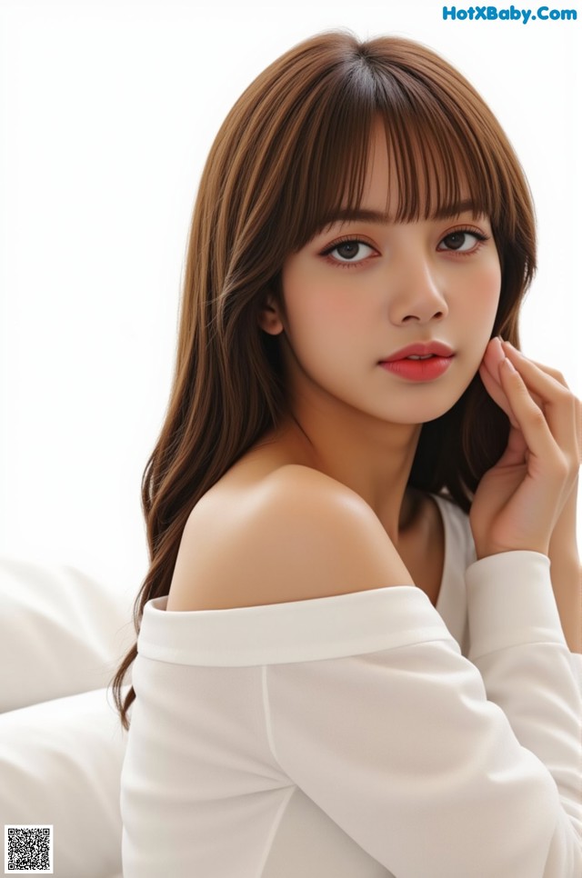 a woman sitting on top of a white couch