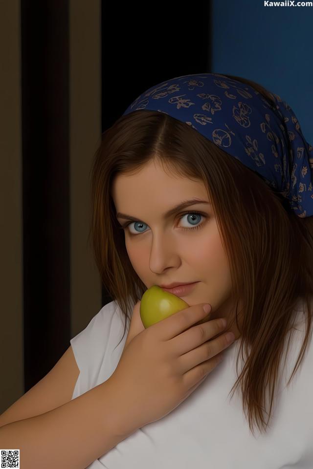 A woman with a bandana on her head holding an apple.